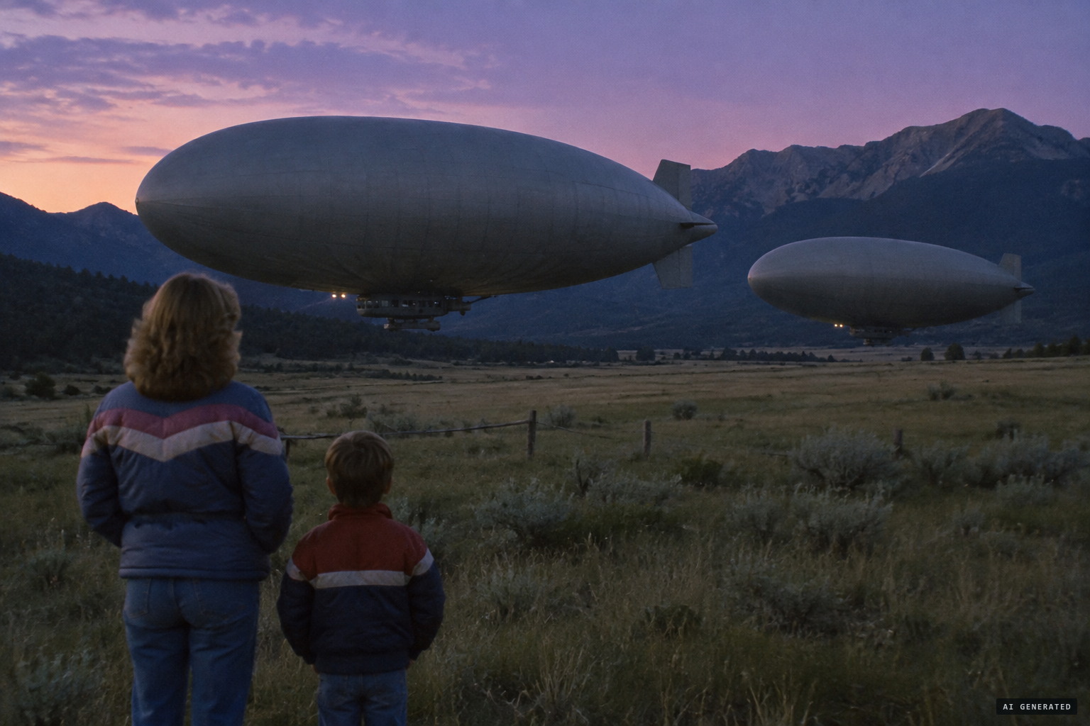 Two silent objects the size of Goodyear Blimps hover over a meadow near Eagle Nest