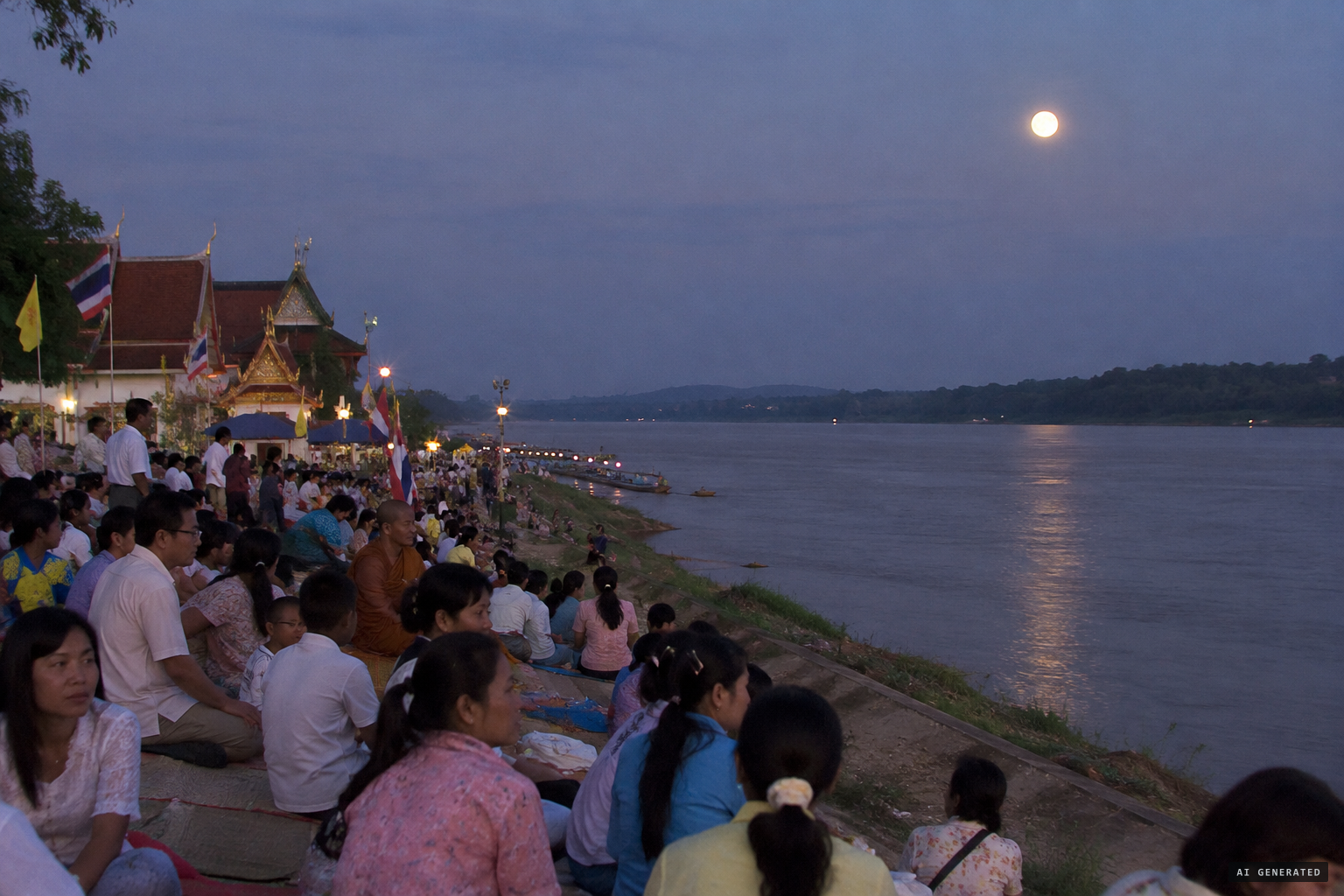 Crowds gather on the Mekong at Phon Phisai for the full moon ending Buddhist Lent