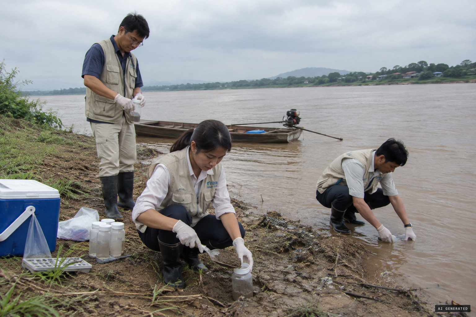 The Science Ministry team samples soil and water from the Mekong
