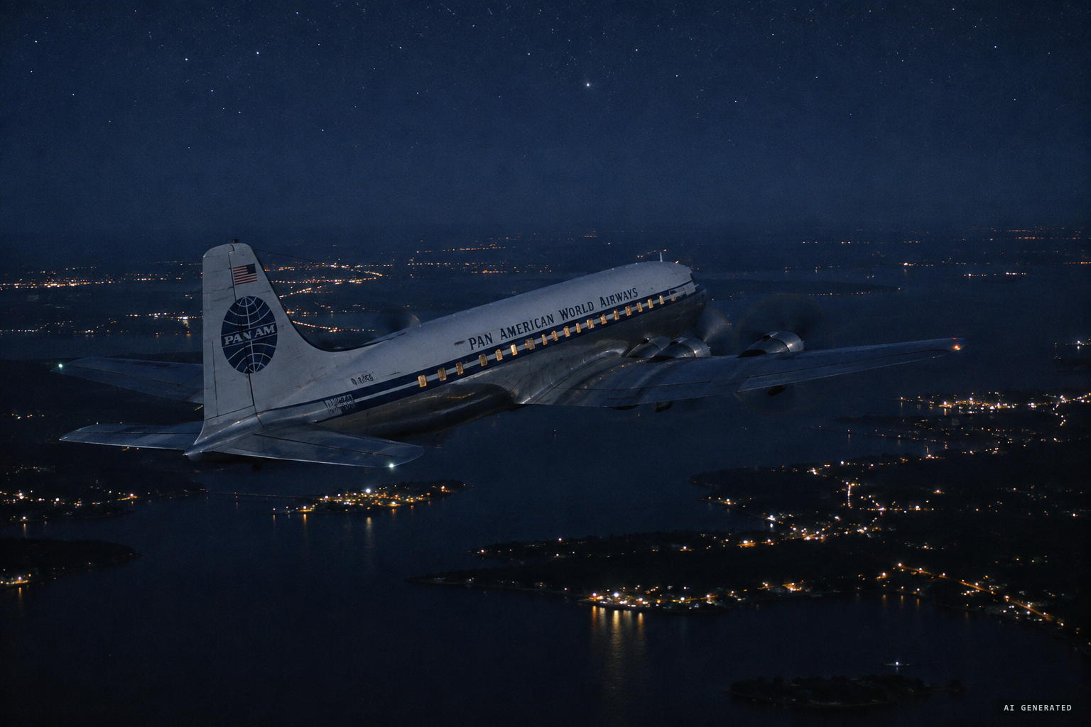 The Pan Am DC-4 cruises over Chesapeake Bay toward Norfolk on a clear July night.