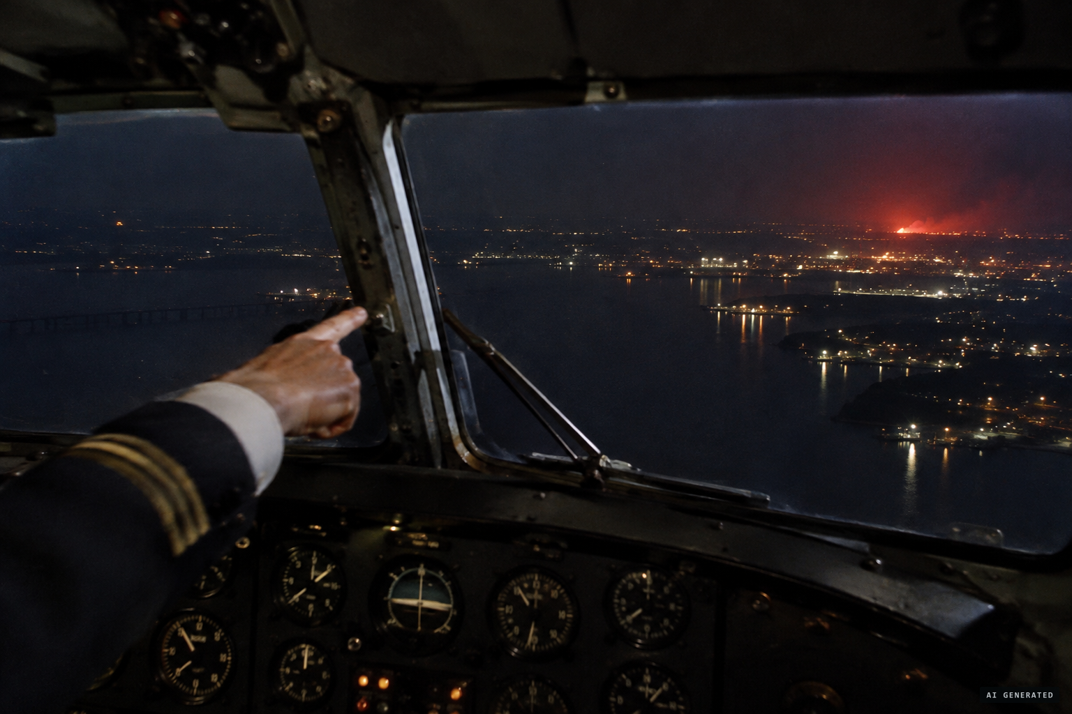 A red brilliance suddenly appears beyond Newport News.