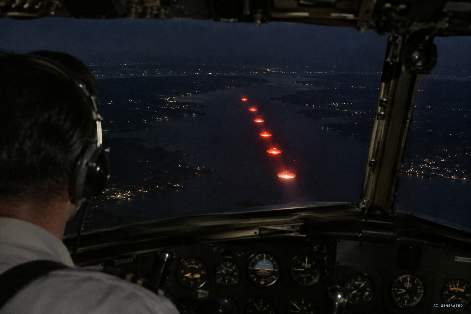 Six glowing discs streak toward the airliner in echelon, well below it.