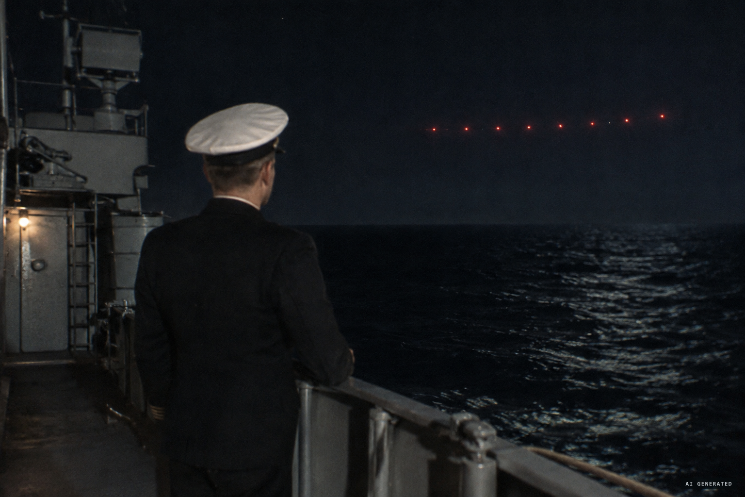 From USS Roanoke, a naval officer sees eight red lights in a straight line.