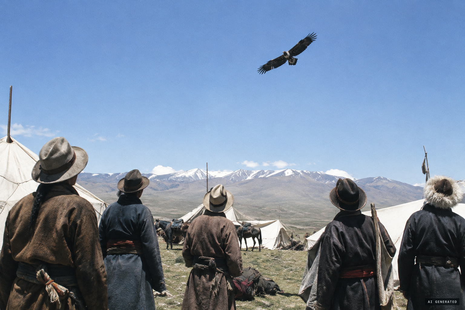 Caravaneers watching a remarkably big black eagle above the camp, half-past nine in the morning