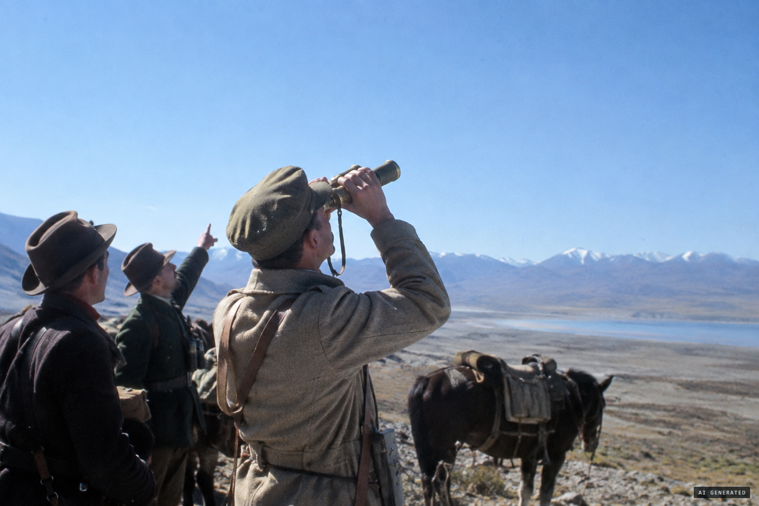 Through field glasses the group sees an oval form with a shiny surface