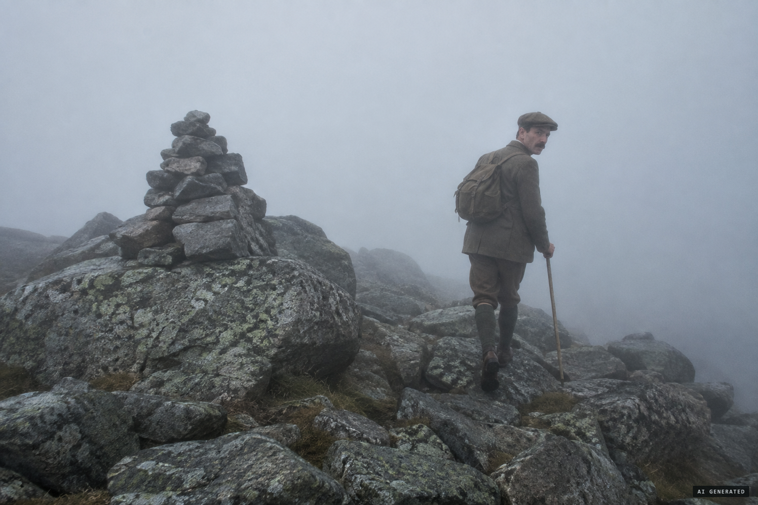 Walking back from the summit cairn in mist, Collie hears crunching footsteps behind him