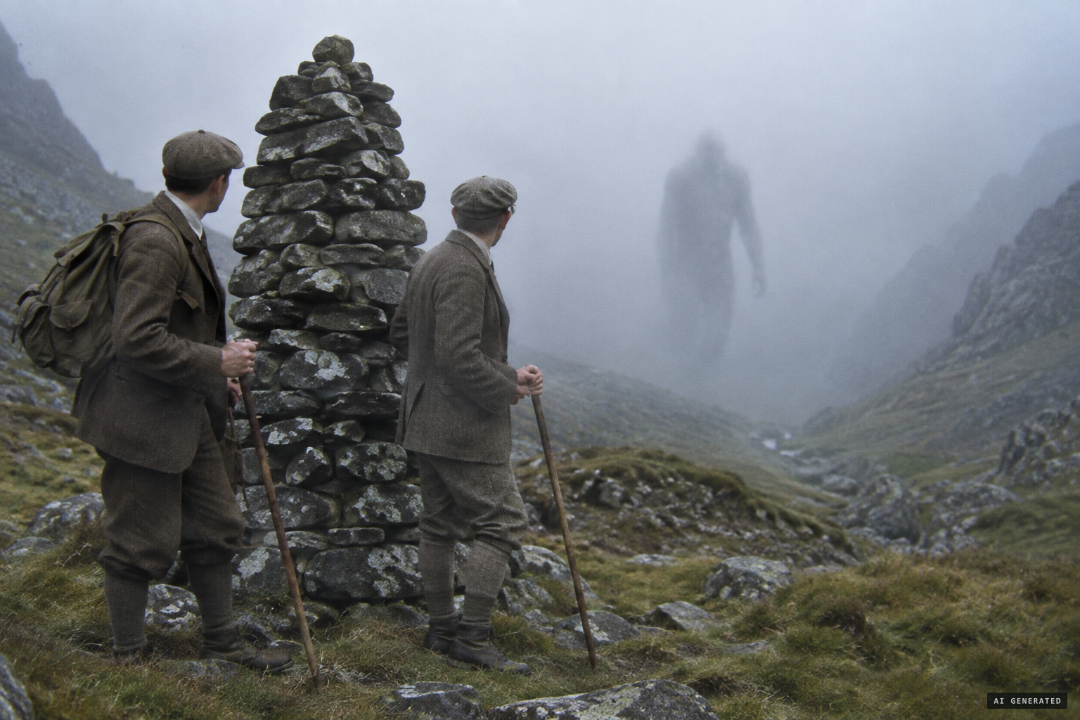 The Kellas brothers' figure, as tall as the cairn, walking out of the Lairig Ghru