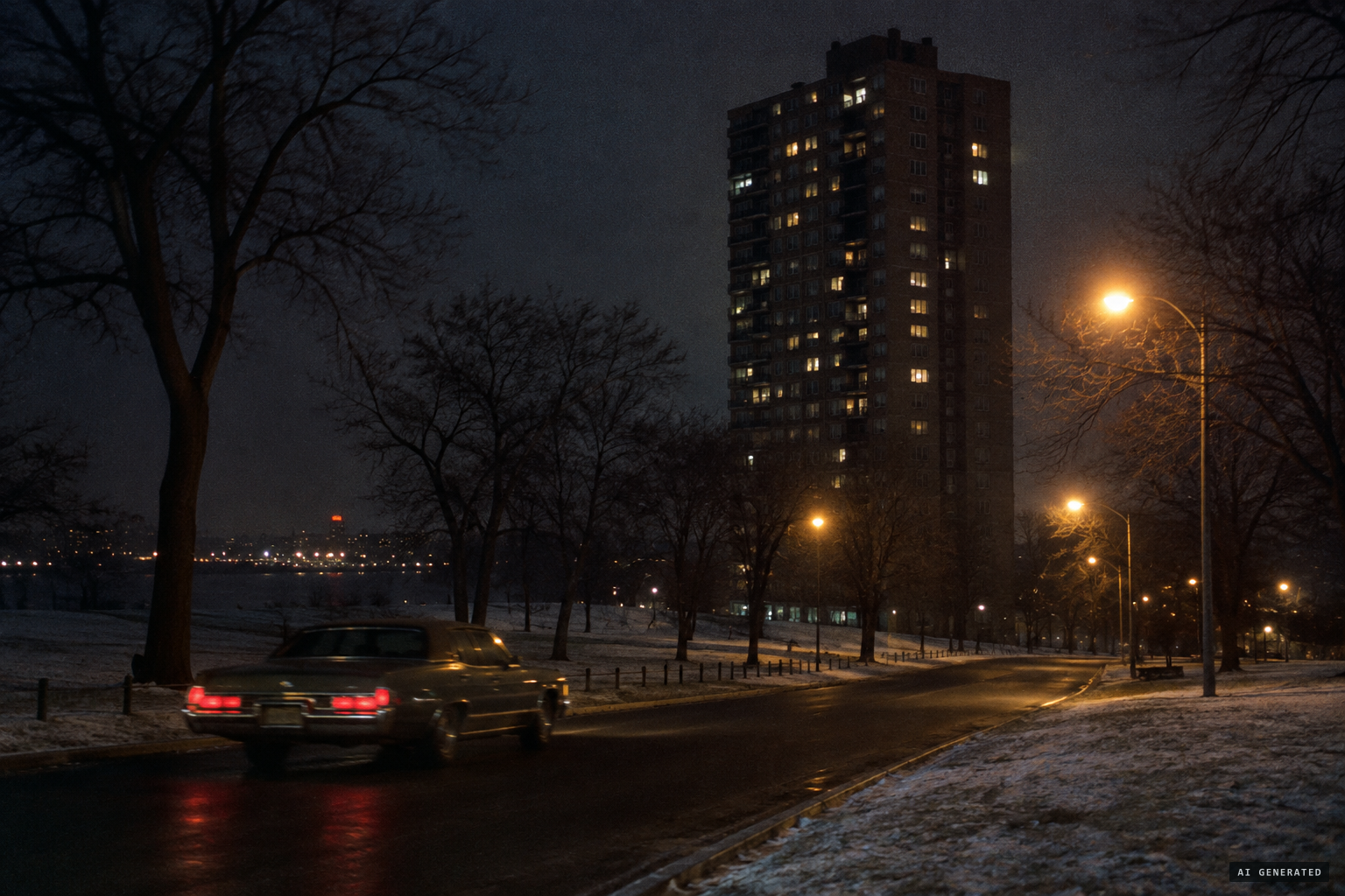 O'Barski's late-night drive home through North Hudson Park, beside the Stonehenge tower