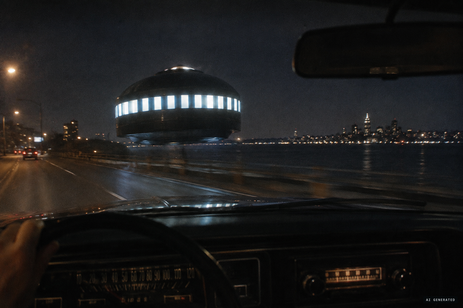 A dark, round craft with brilliant windows moves alongside his car as static fills the radio