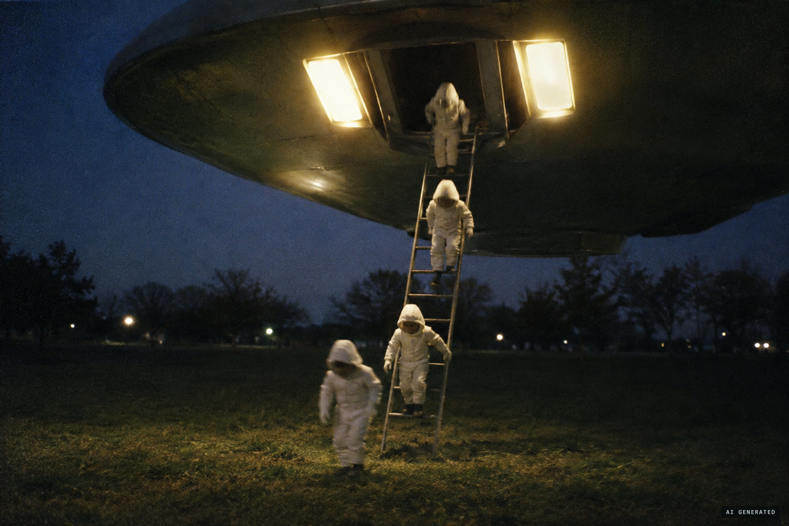 A ladder emerges and small hooded figures climb quickly down