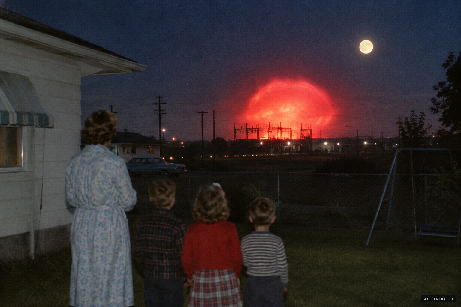 A housewife and her three children watch a huge dome-shaped fireball near the substation