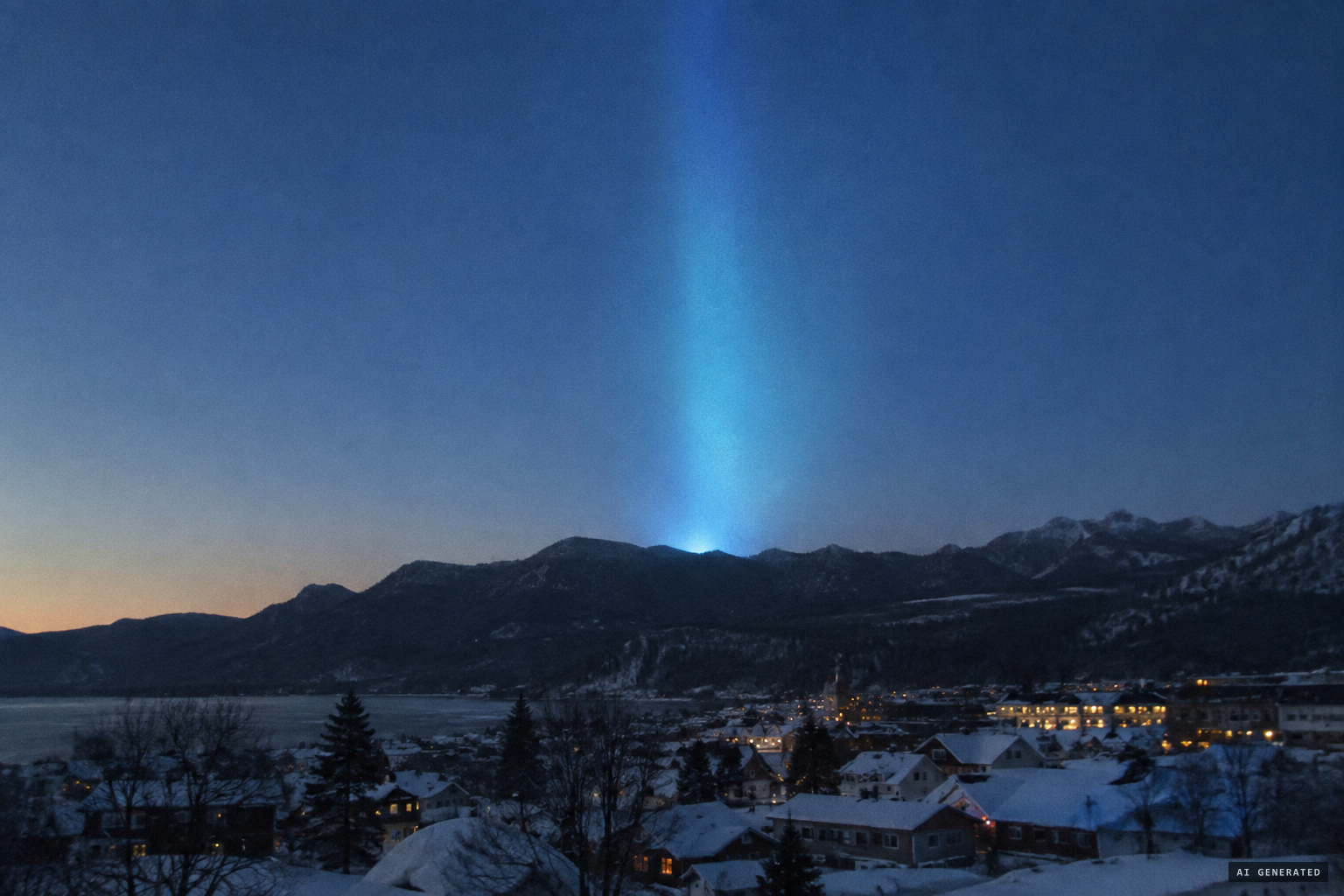 A blue light comes from behind a mountain and stops in mid-air
