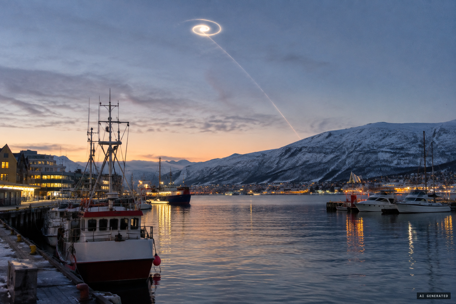 From Tromsø's Inner Harbor, it spins like a rocket and heads diagonally down the sky