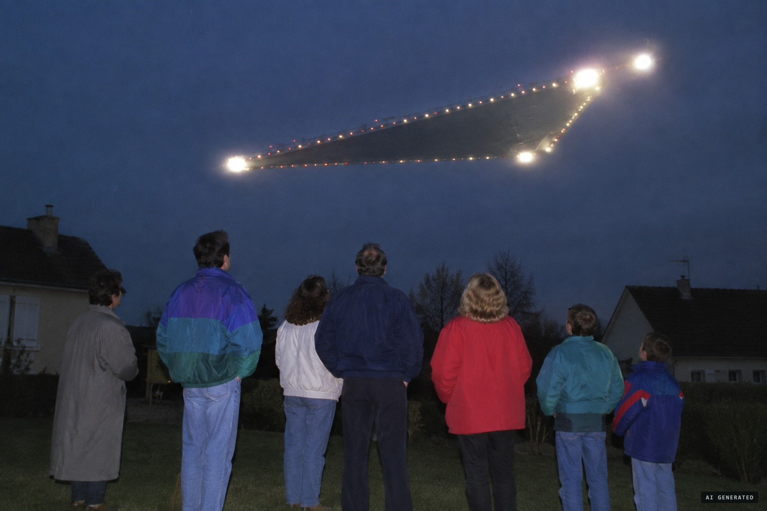 Greslé and six others watch a lit triangular beam pass in silence