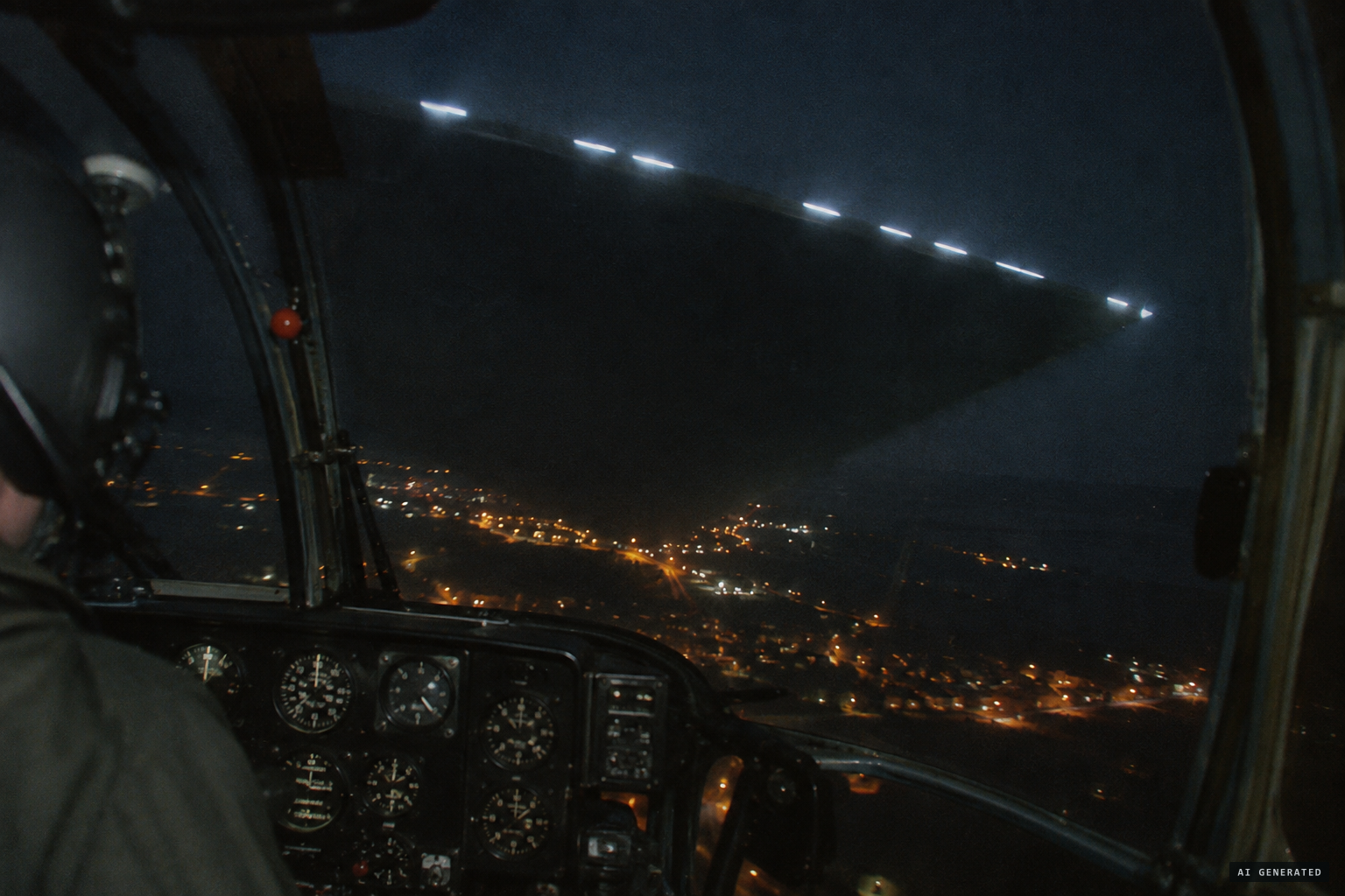 A dark triangular shape, larger than a 747, blots out the lights of Dax