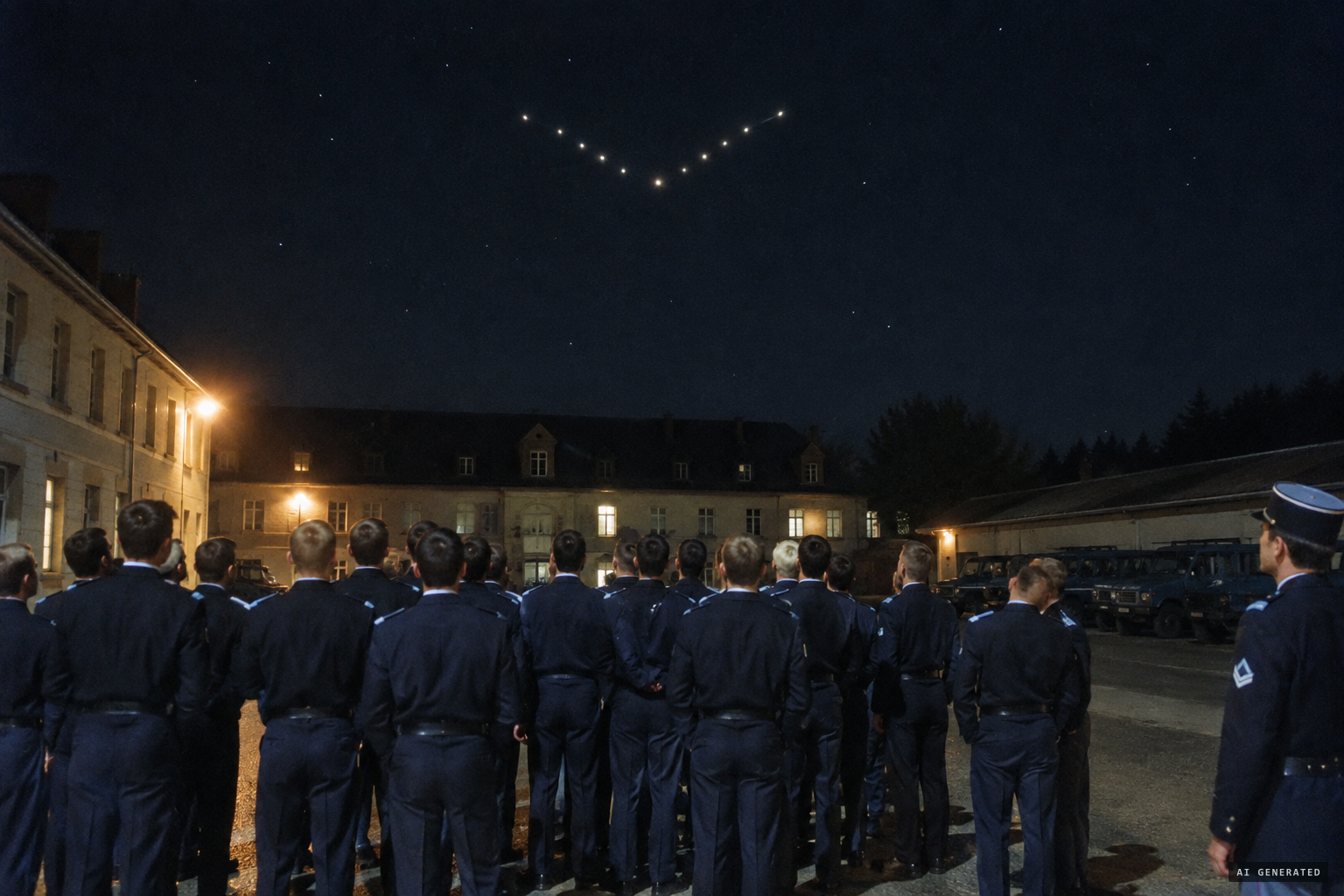 Tulle gendarmerie trainees watch a silent, see-through formation of lights