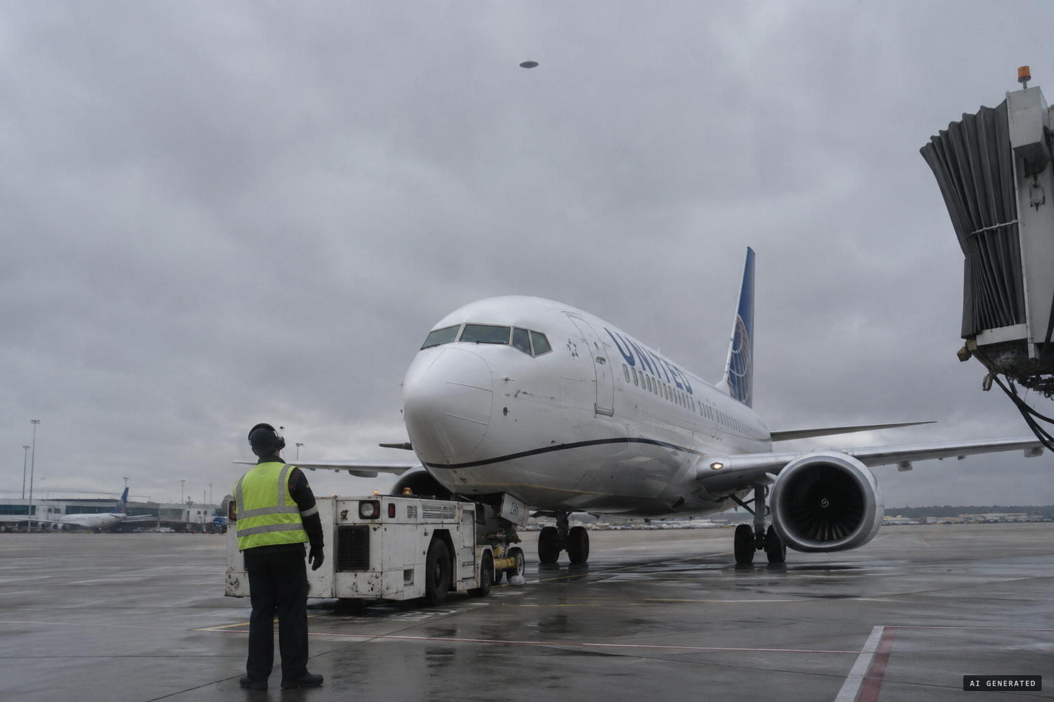 A ramp employee pushing back Flight 446 spots something hanging above the plane
