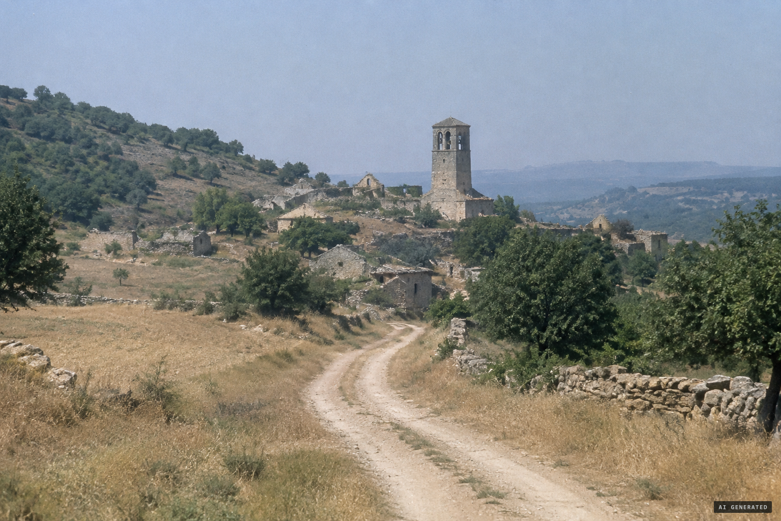 The ruins and church tower of the abandoned village of Ochate, reached on foot by a dirt track from Imíruri