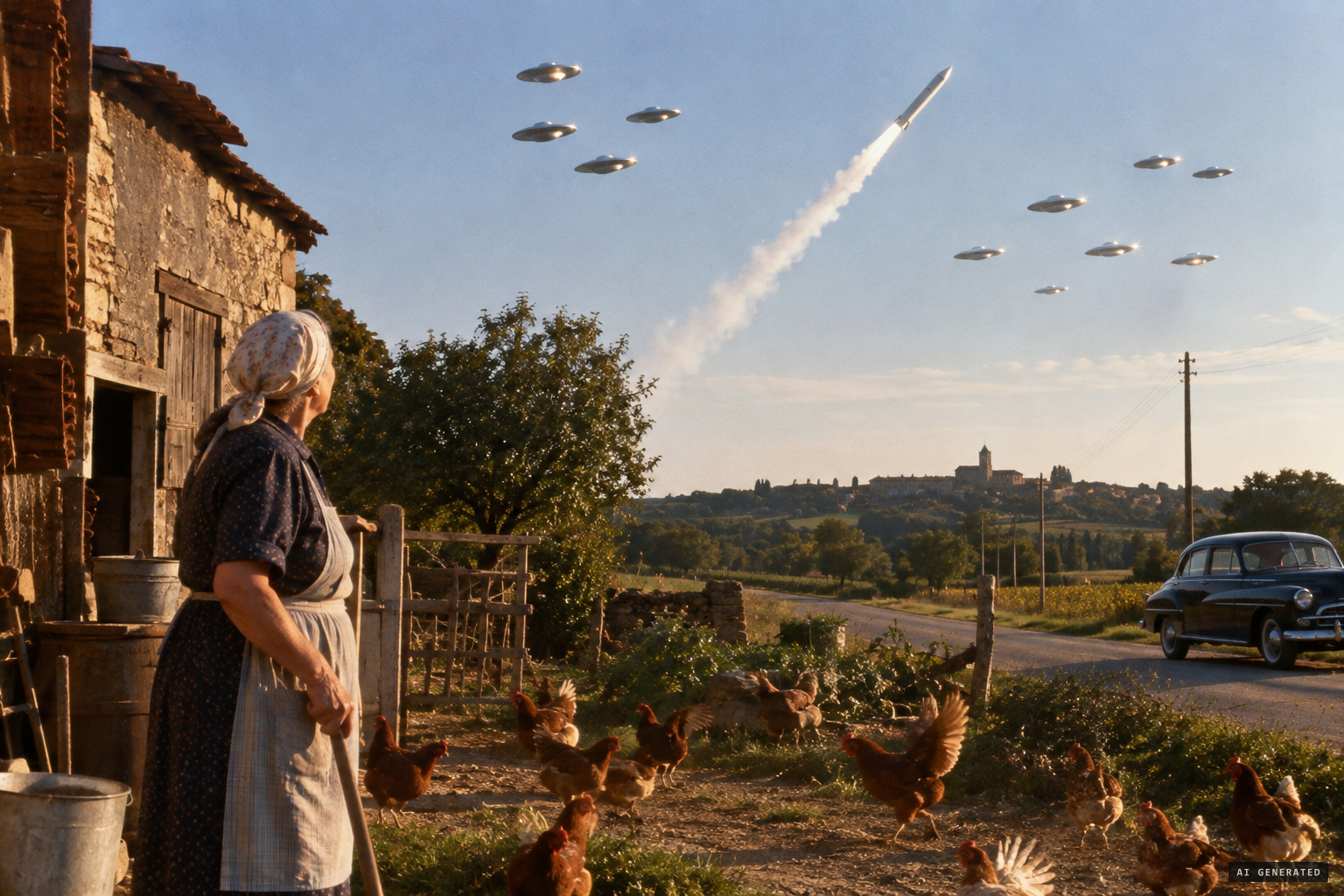 Mme Dore looks up from her hens to see saucers around a long white cylinder
