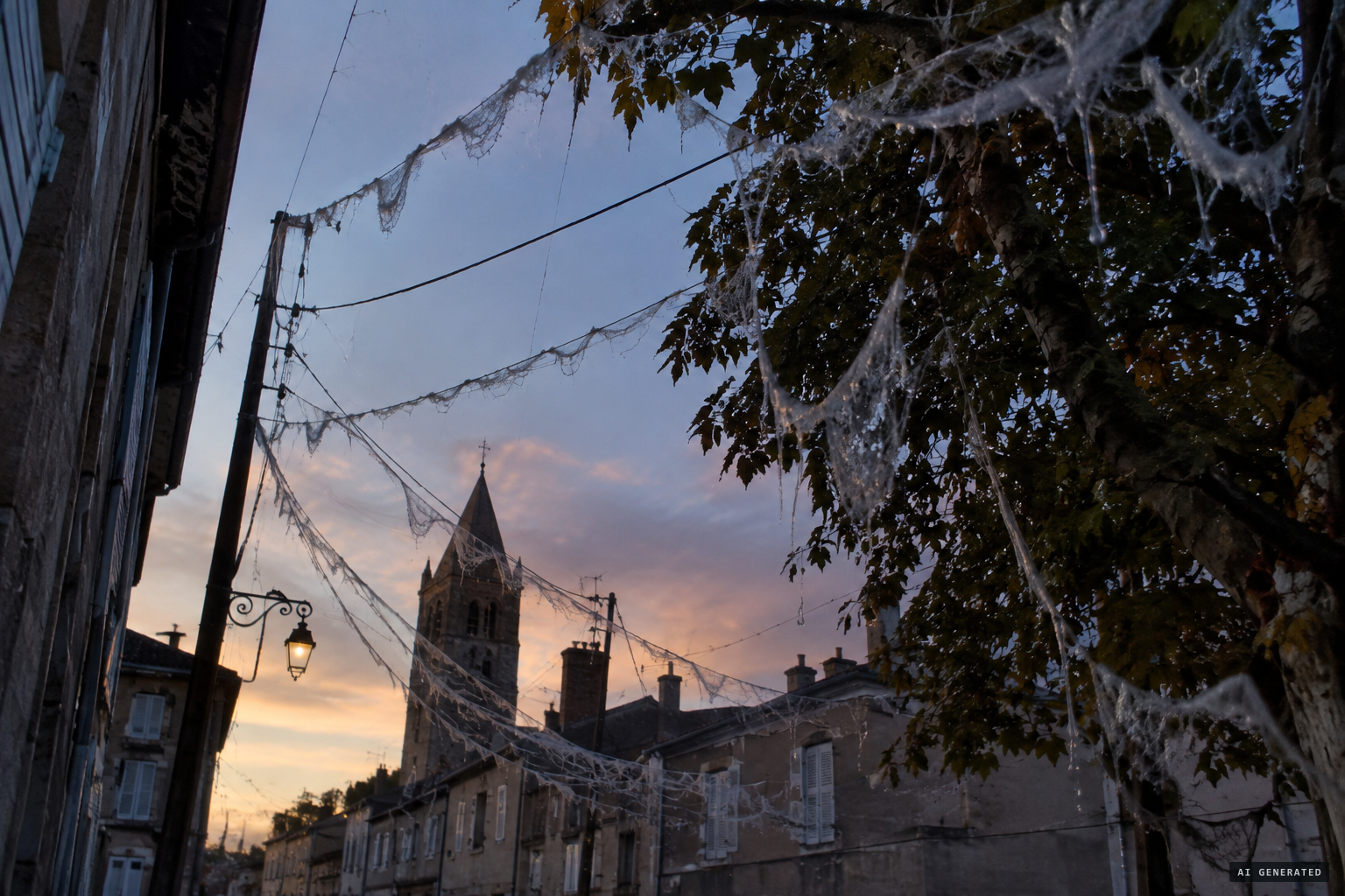 Glass-wool-like threads hang on wires and branches before melting away