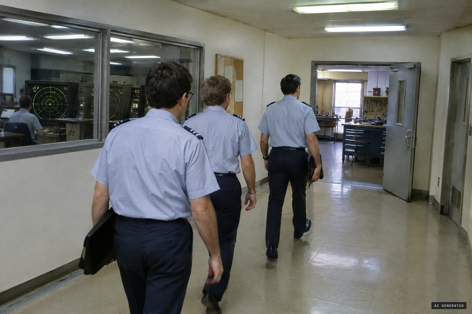 Air defence controllers check the workshop across the corridor