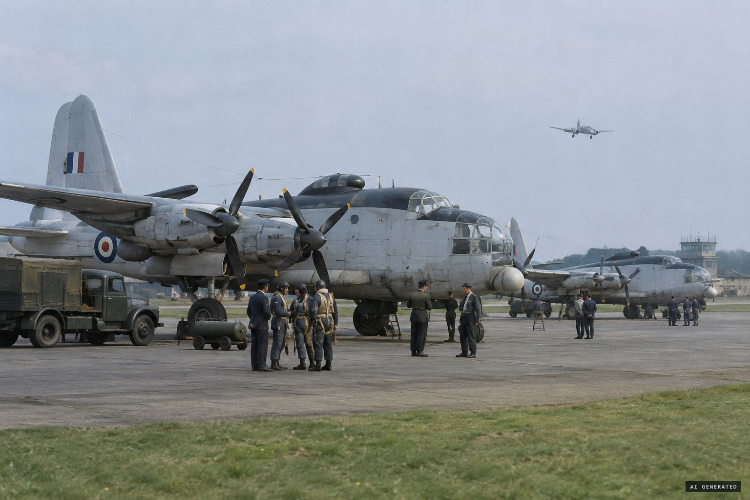 269 Squadron Shackleton crews wait at Topcliffe as a Meteor comes in to land