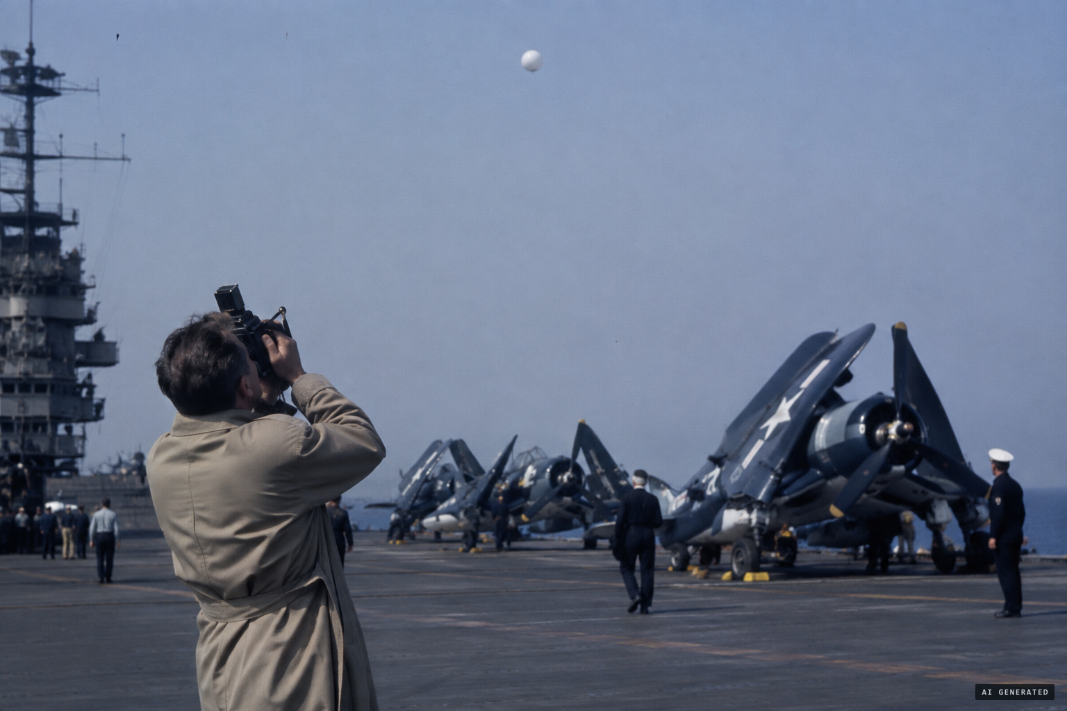 Wallace Litwin photographs a white sphere over USS Franklin D. Roosevelt