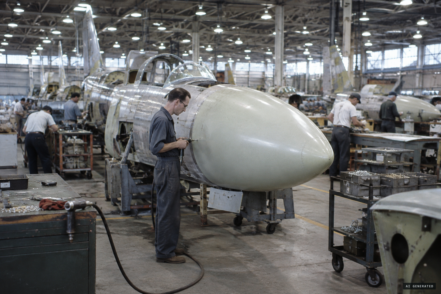 Angelucci on the Lockheed assembly line in Burbank, working on jet radomes
