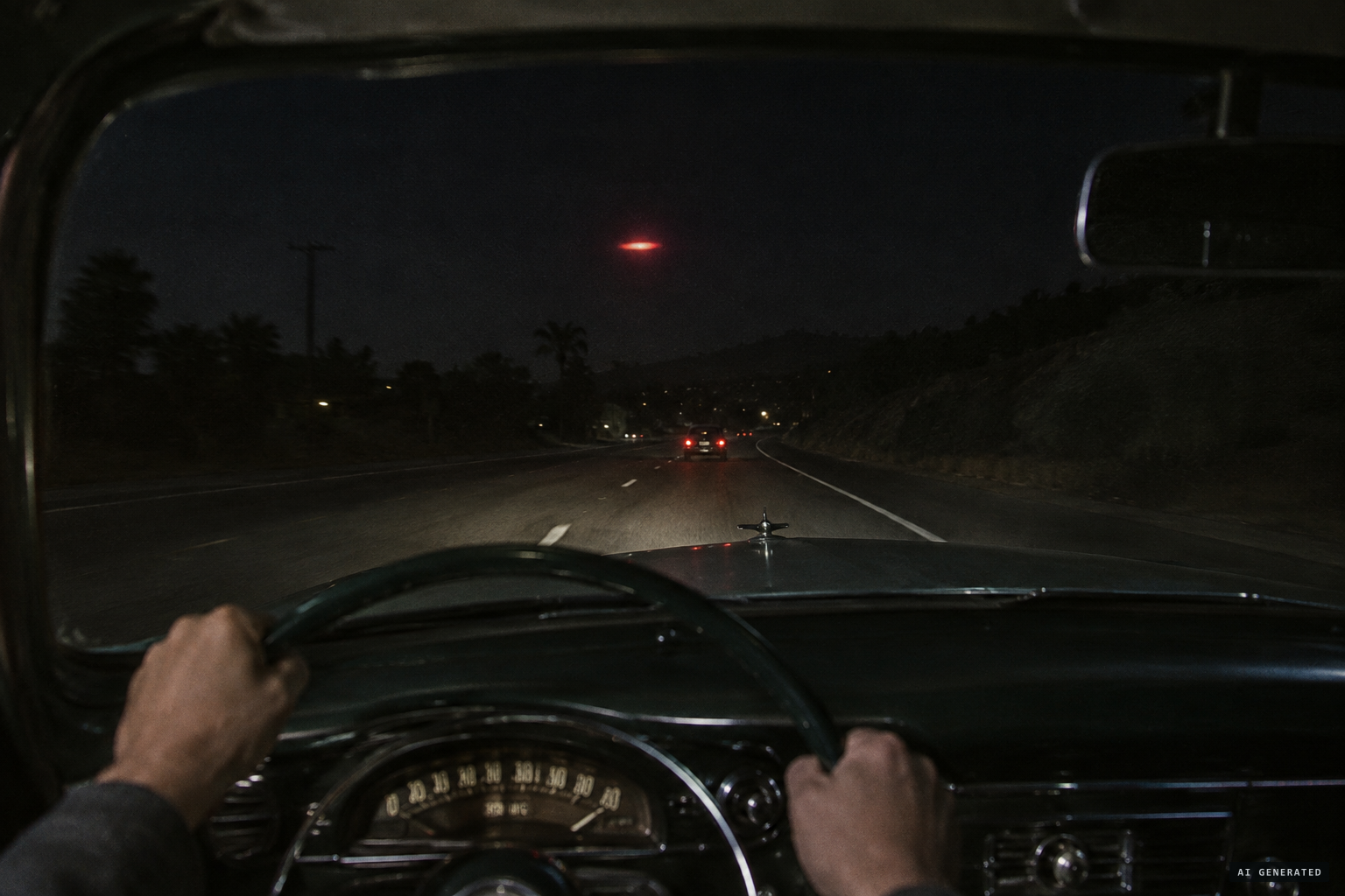 A red, faintly glowing oval over Forest Lawn Drive, brighter but not closer