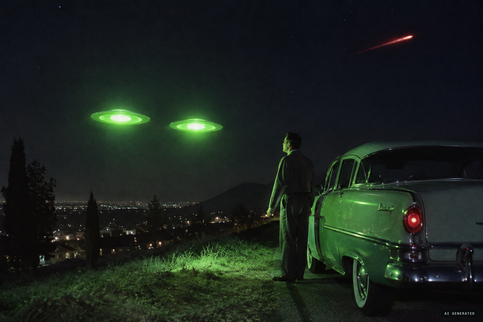 Two small green discs hover silently as the red object shoots away