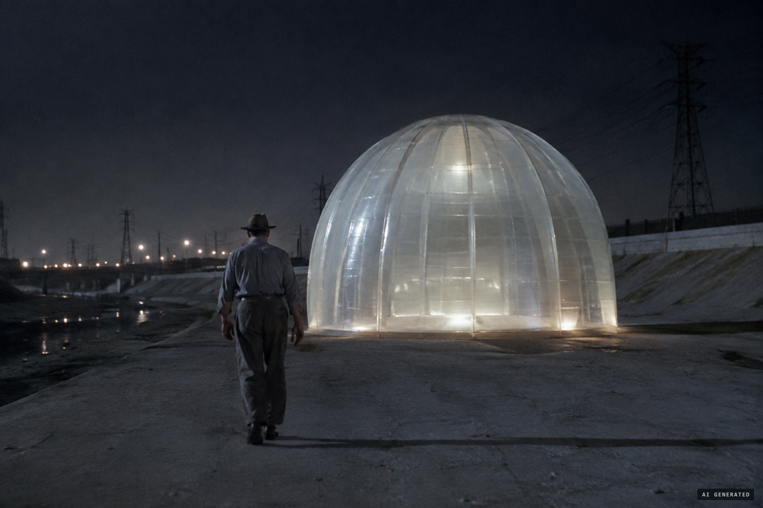 The translucent igloo-shaped craft waiting in the dry Los Angeles River bed