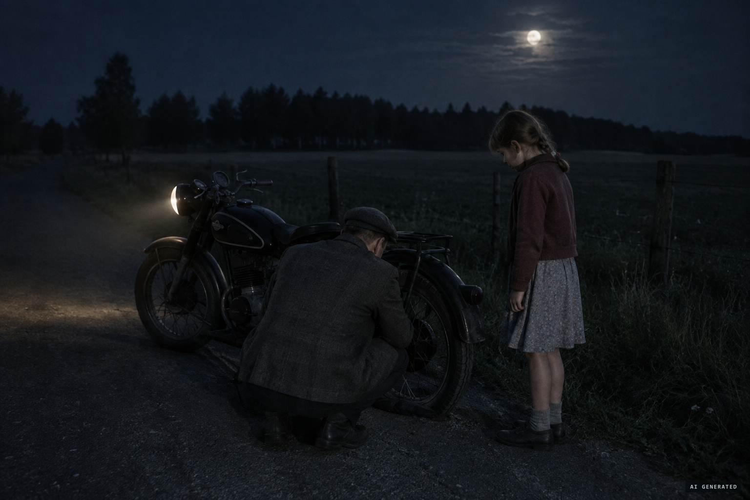 Near Haselbach at 02:30, Oskar Linke's motorcycle has a blown tyre, with his daughter Gabriele beside him