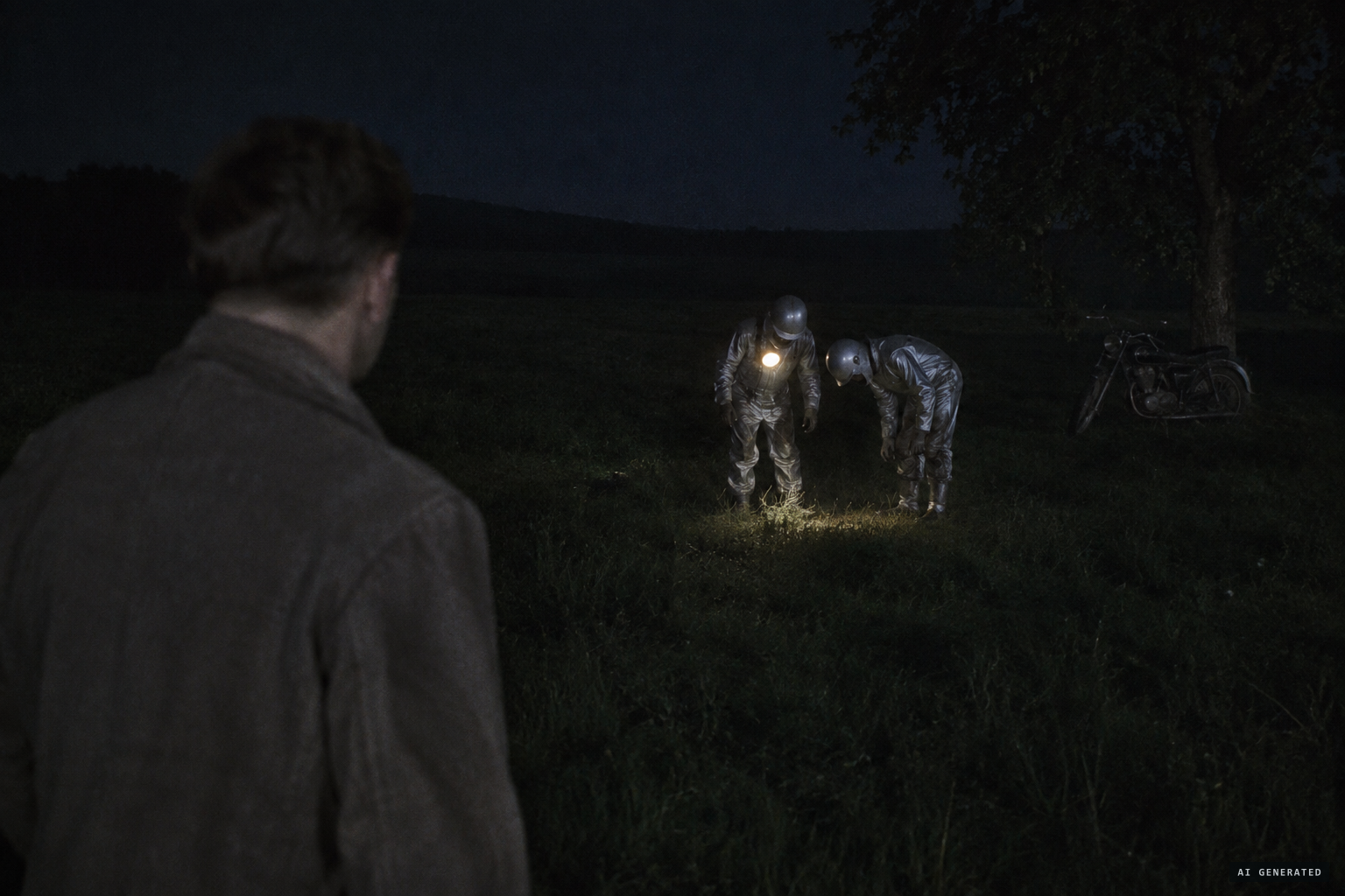 Linke walks closer and sees two men in shiny metallic clothing stooped over the ground
