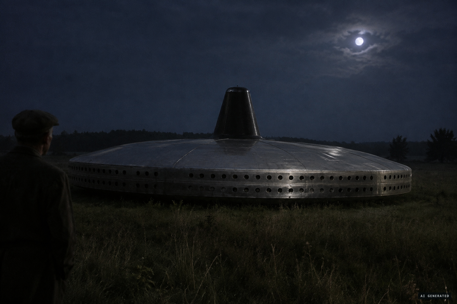 The object: a huge metal 'frying pan' with two rows of holes and a black conical tower