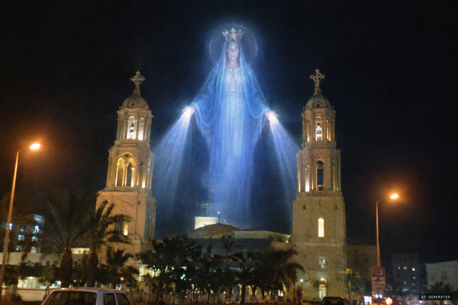 The Virgin between the towers, hands outstretched and emitting light