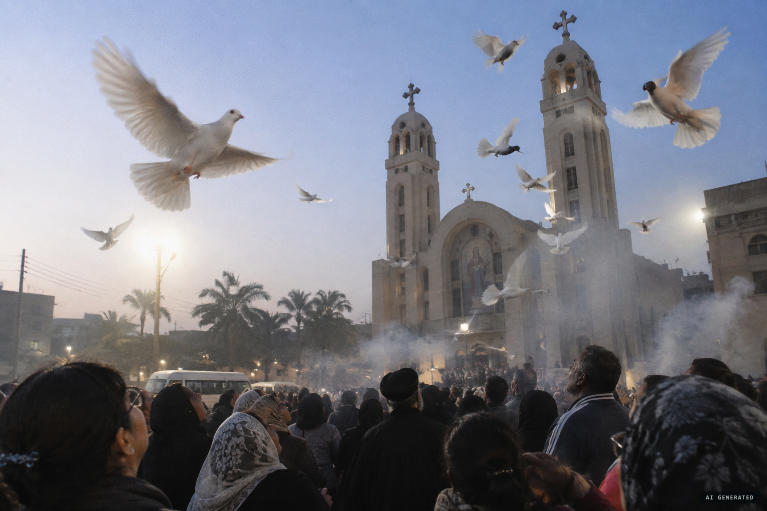 Big white doves fly around the church as the air smells of incense