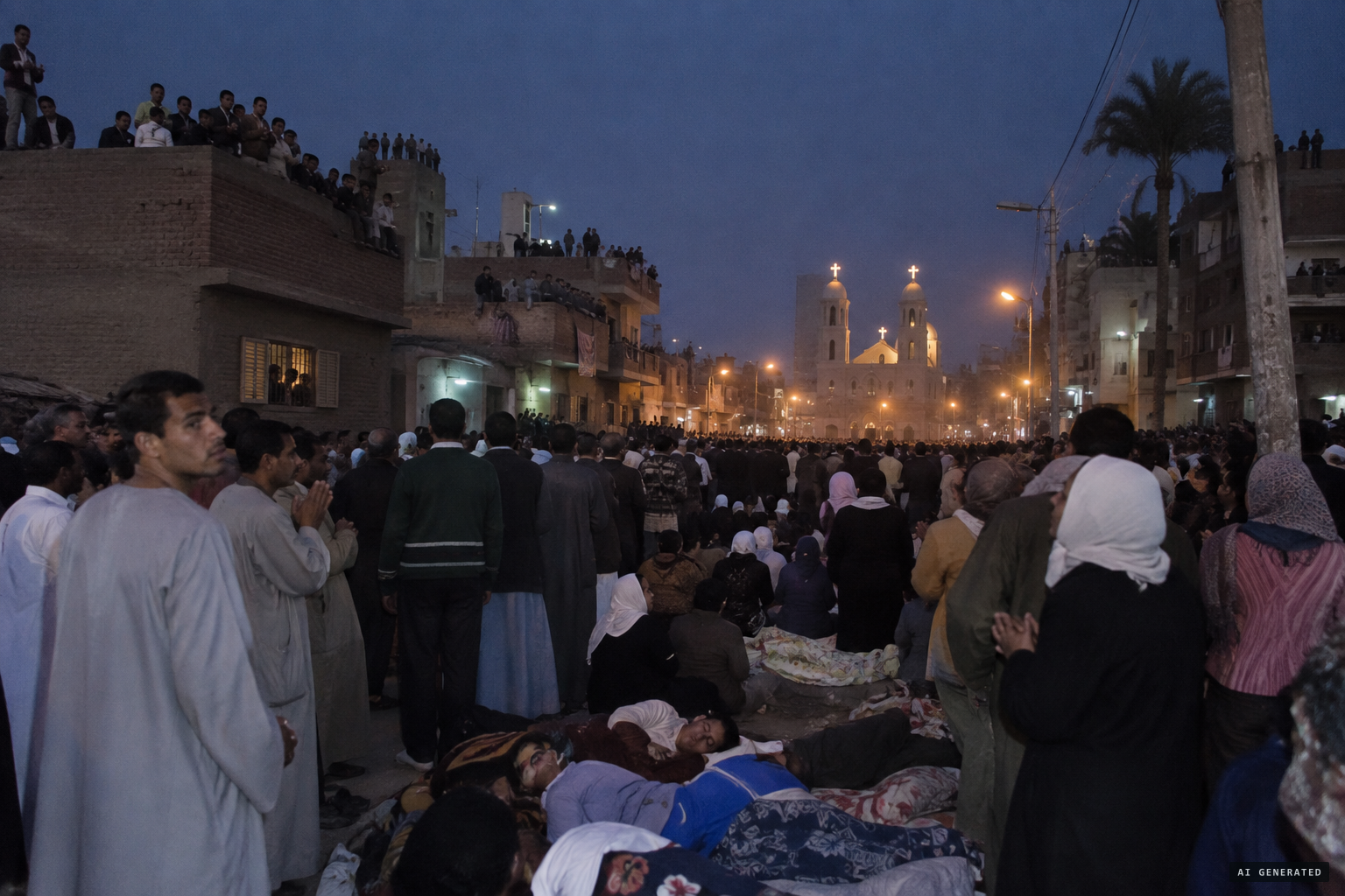 Thousands crowd the streets and rooftops, praying and singing hymns