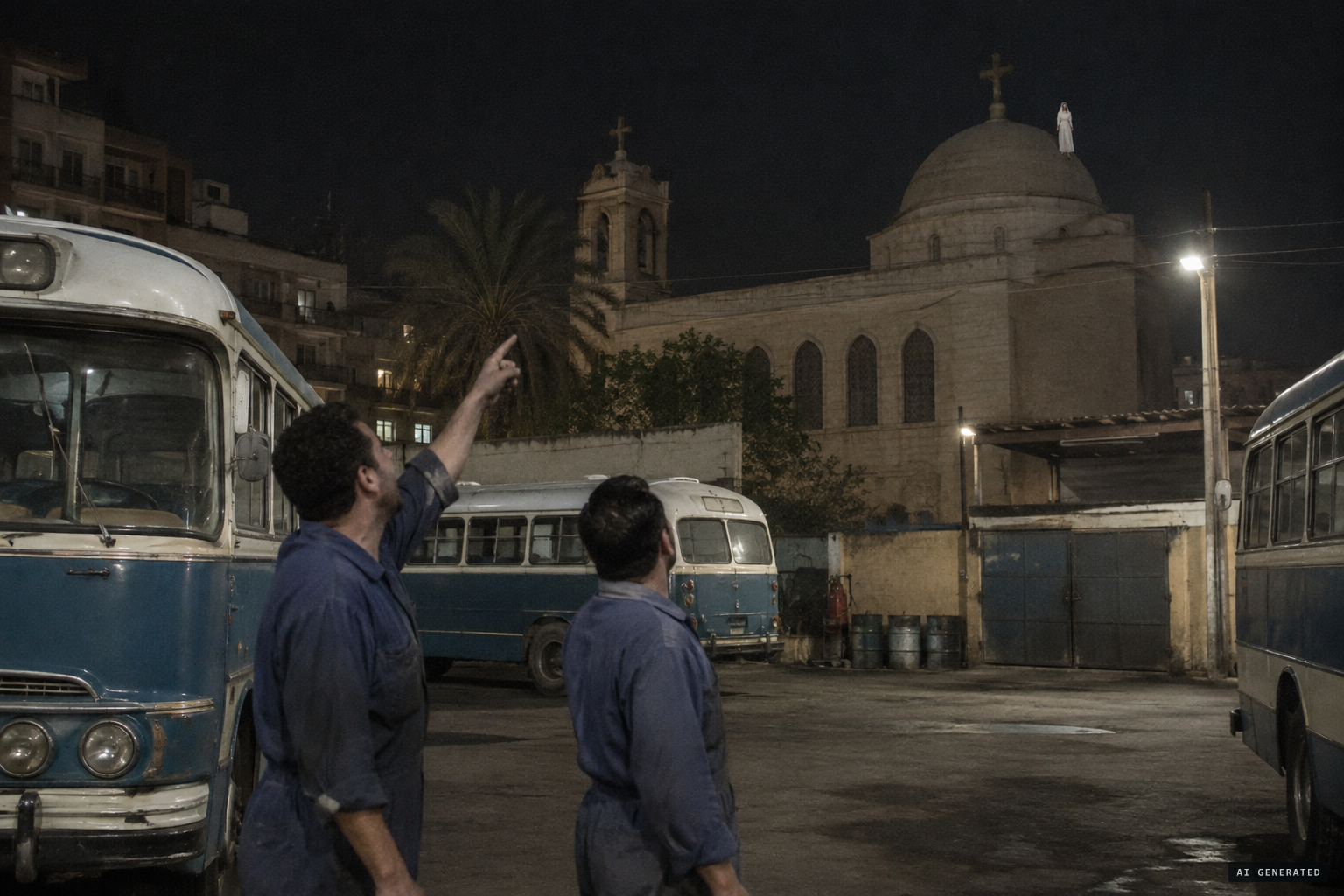 Garage mechanics see a woman in white on the church roof