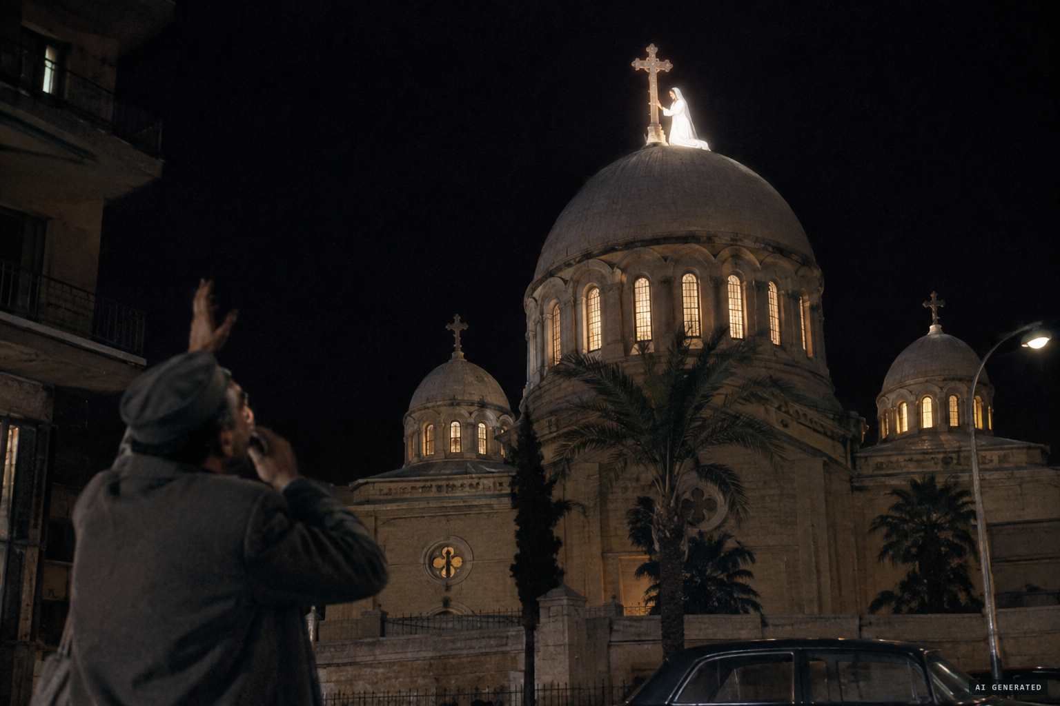 The watchman sees a luminous young lady kneeling by the cross on the great dome