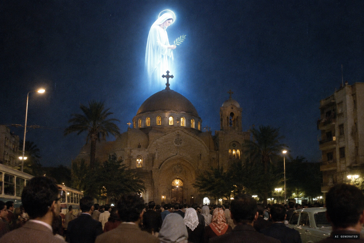 The luminous woman in white bows before the cross, holding an olive branch