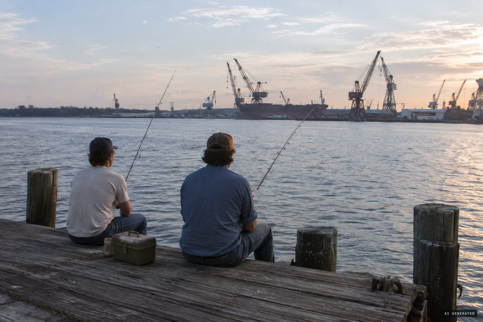 Charles Hickson and Calvin Parker fishing off a pier on the Pascagoula River