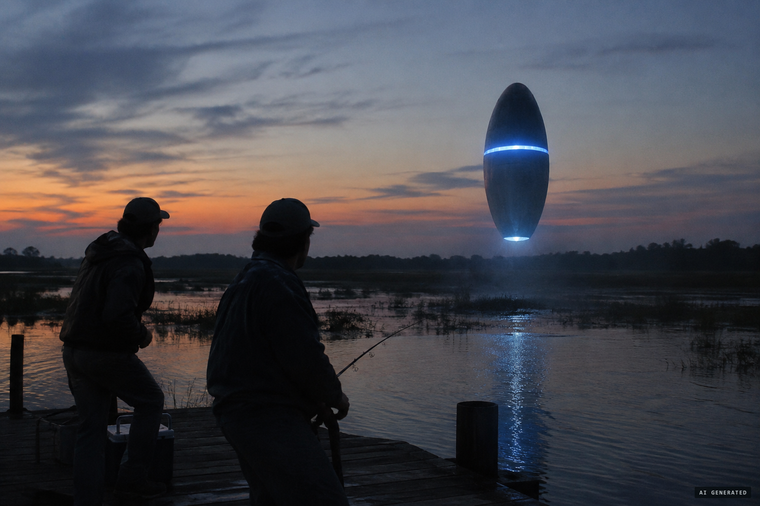 An oblong craft with a blue light hovers just above the bayou at dusk