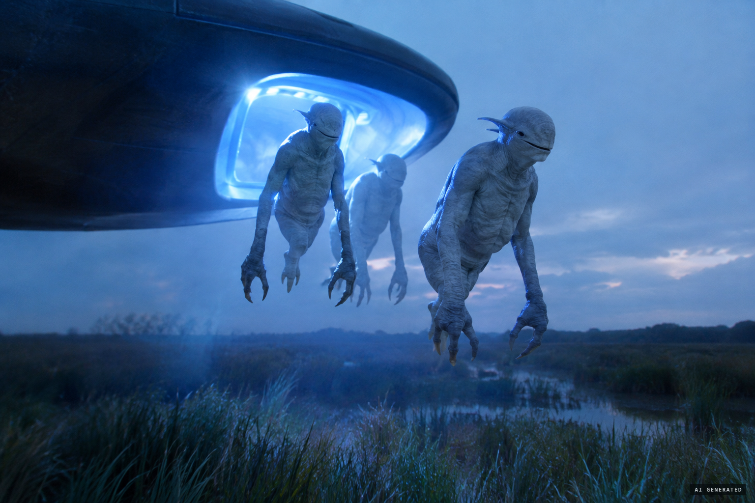Three wrinkled, clawed beings float out of the craft