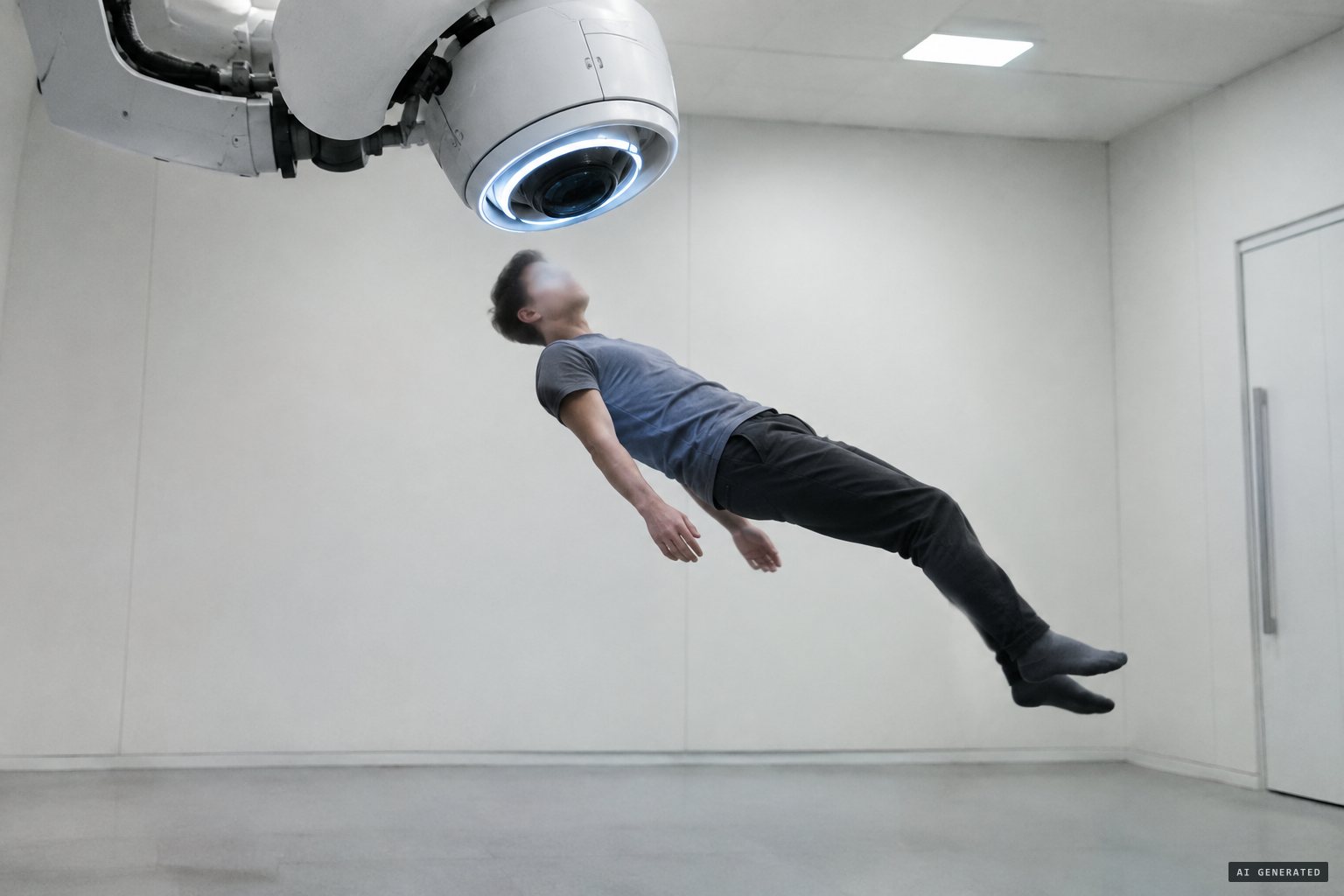 Hickson floats at 45 degrees as a 'big eye' scans him up and down