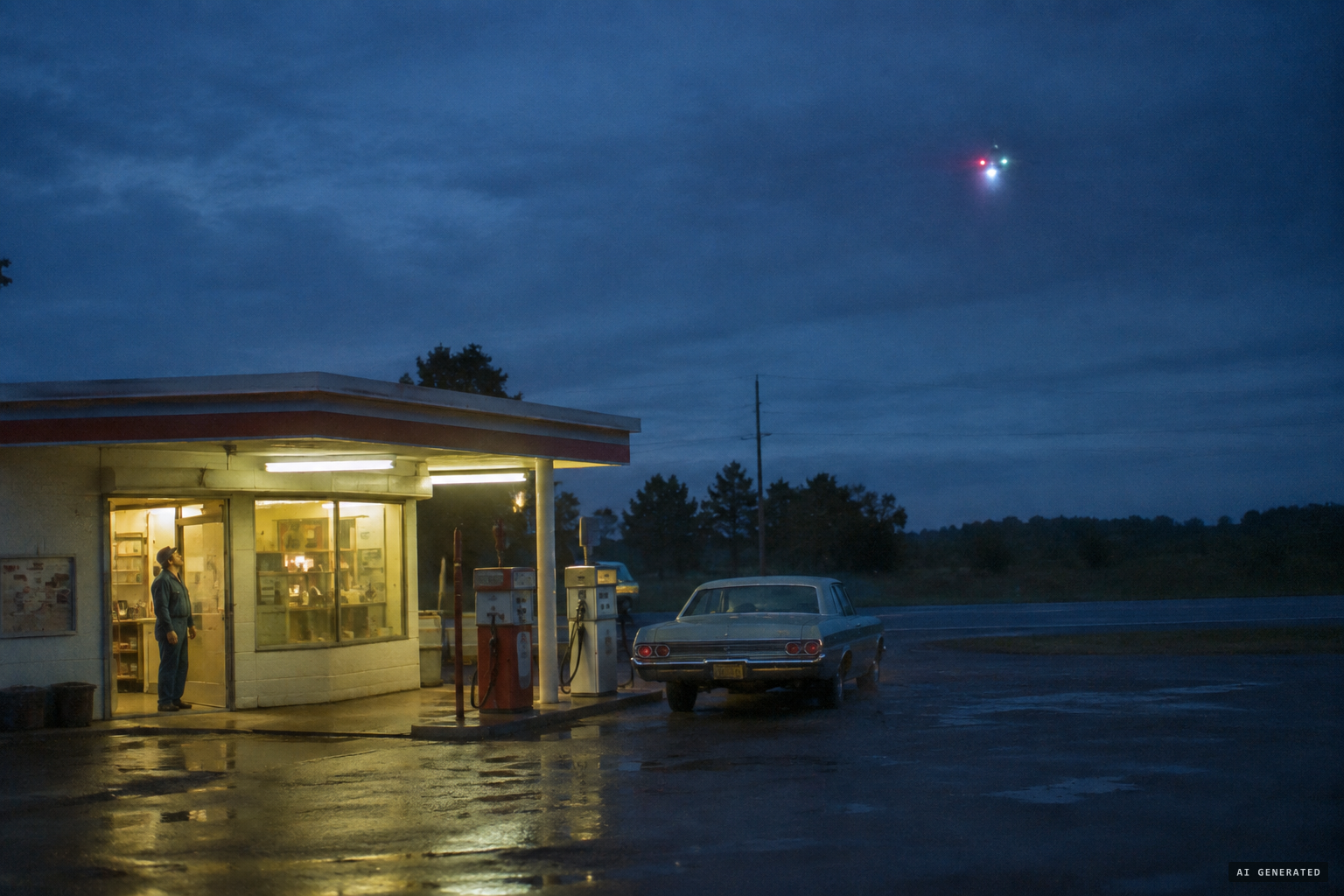 Service-station operator Larry Booth sees a craft with a blinking, colored light