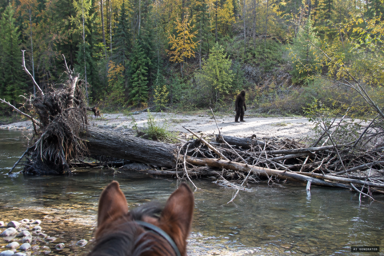 Rounding the logjam, the men see a Bigfoot standing across the creek