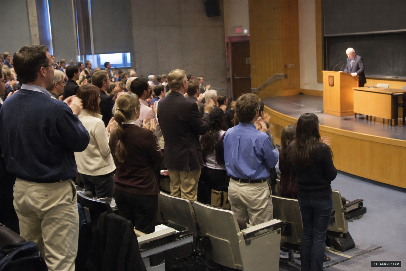 The symposium audience gives a standing ovation after his warning about an intergalactic war