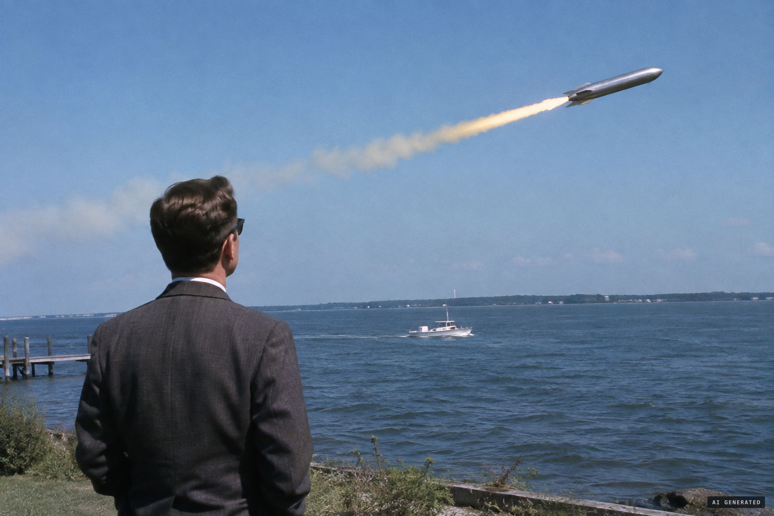1962: a dirigible-shaped object speeds off with a pale flame-coloured wake