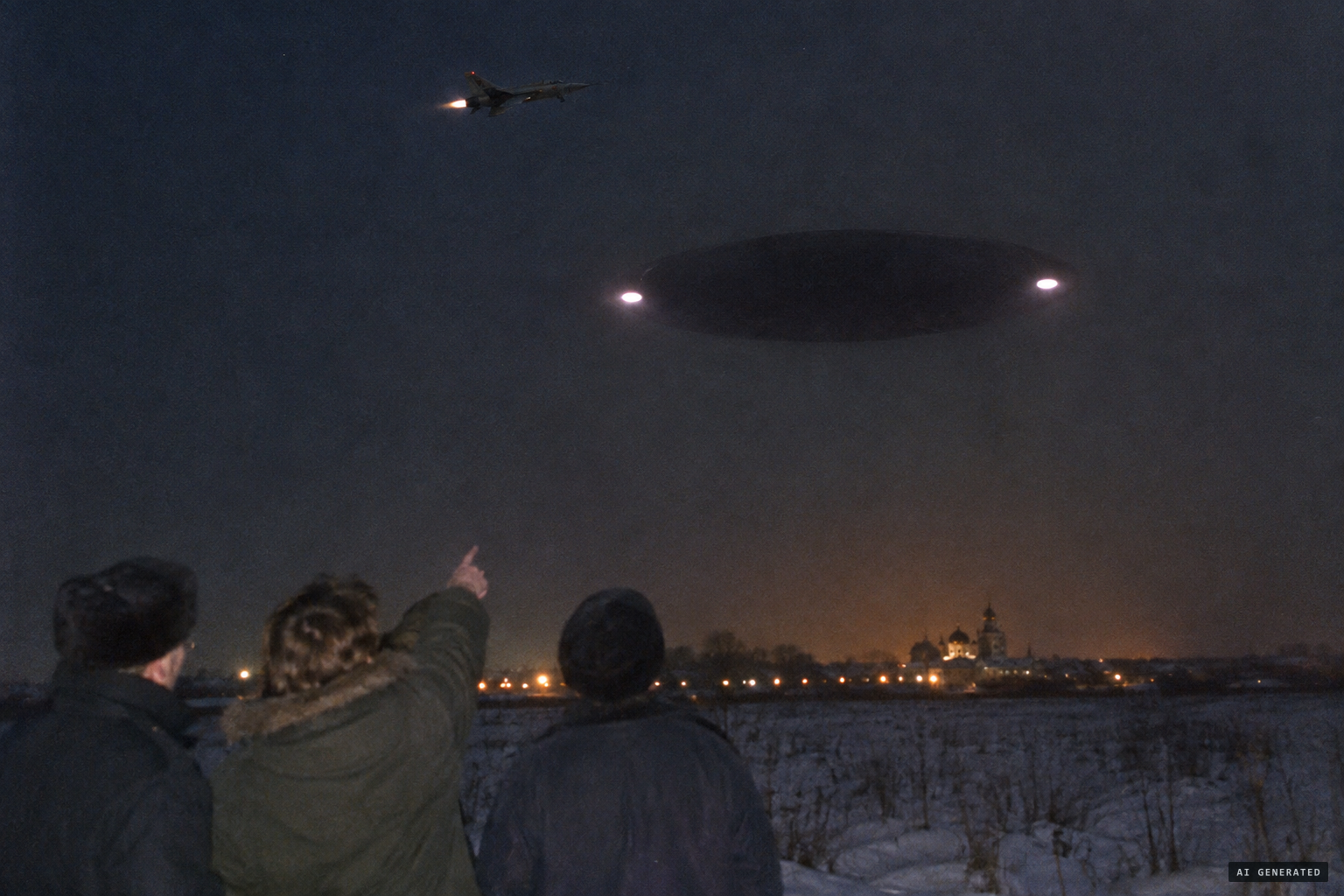 Ground observers saw a vast disc; the pilot saw two lights and a dim silhouette