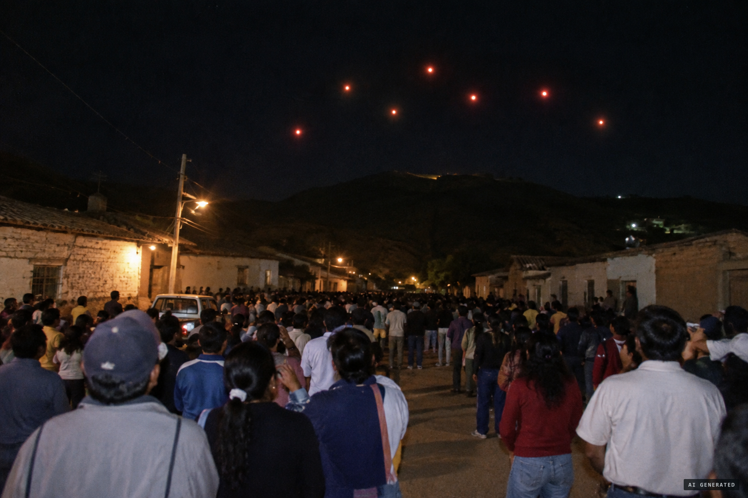 Eight red-orange spheres over Chulucanas, Piura, in 2001
